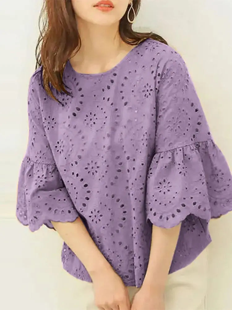 ZANZEA Women's Casual Loose Blouse with Hollow Out Lace Crochet Embroidery