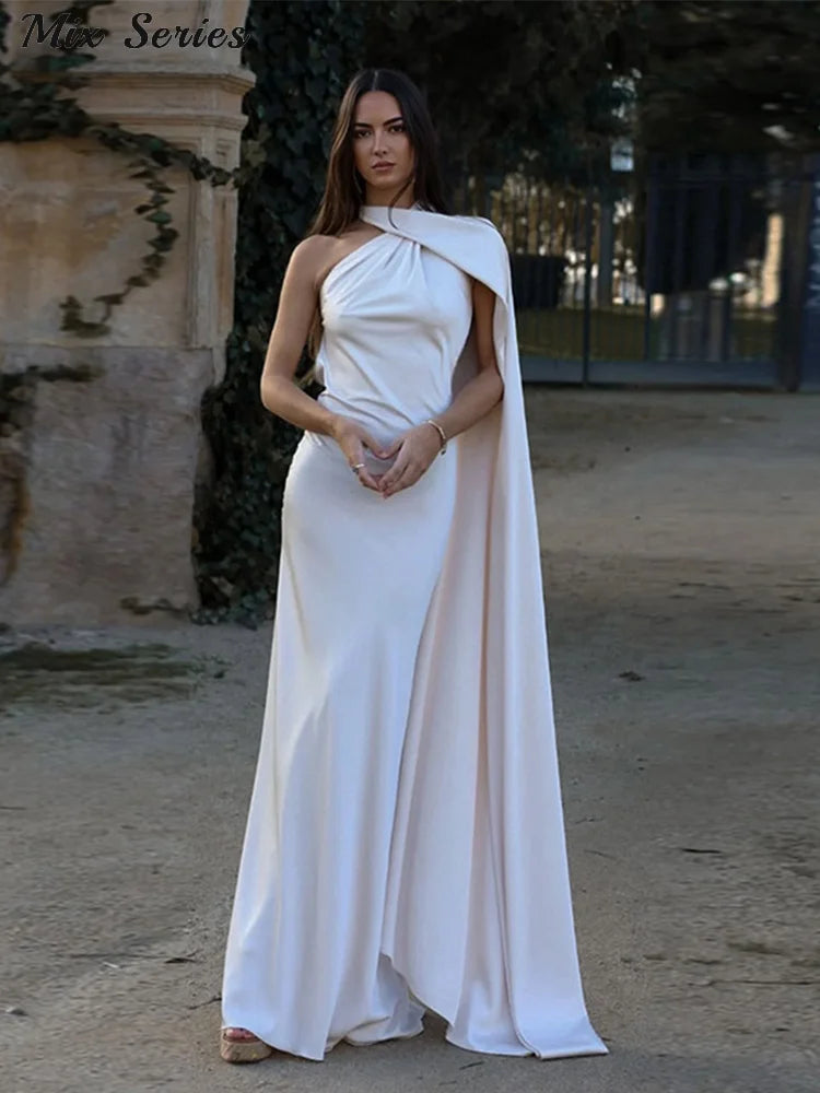 Elegant Backless Long Satin Halter Neck Dress for Women