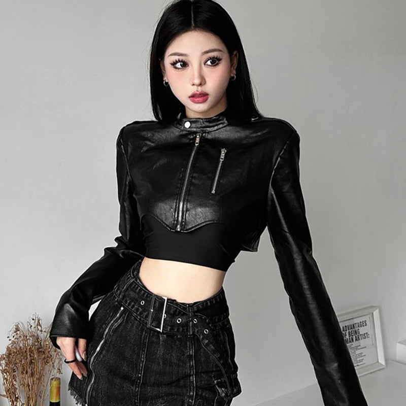 Women's PU Leather Cropped Slim Fit Zipper Jacket