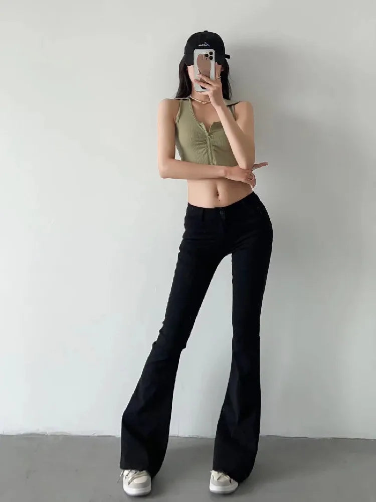 Women's Low Waist Flare Jean Pants - Vintage Stretch Denim for Women