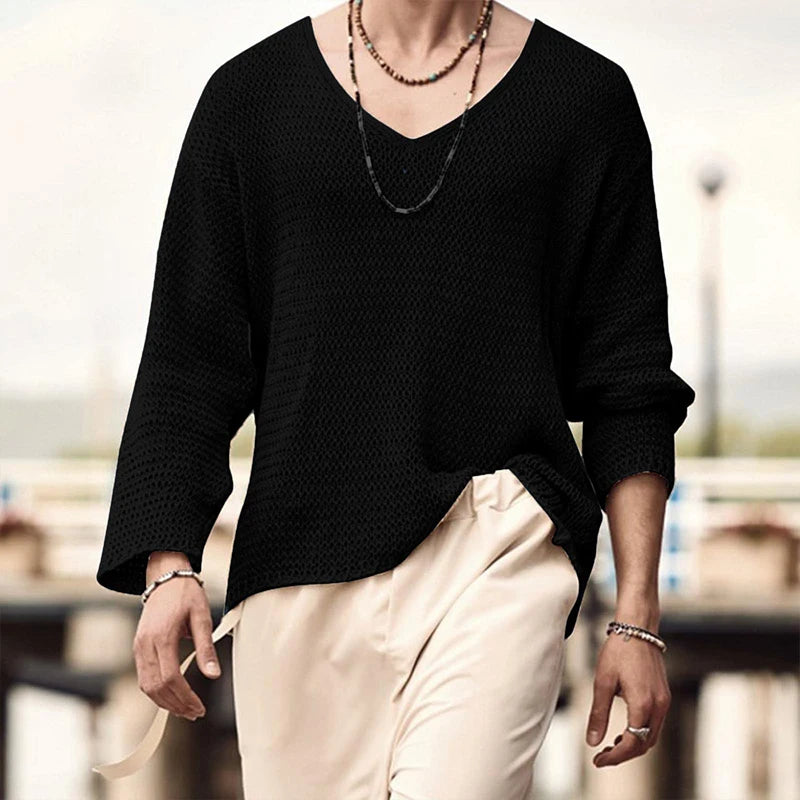 Men's Knit V-Neck Long Sleeve Hollow Out Loose Fit Sweater