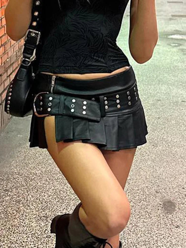 Women's Slim Pleated Split Skirt with Sashes and Metal Buckle - Low Waist Design