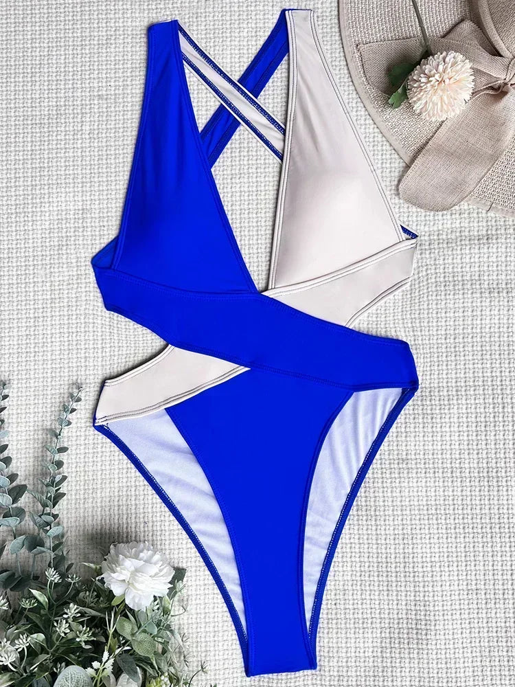 Women's Deep V Neck Cross Backless One-Piece Swimsuit - High Cut, Stylish & Flattering Swimwear