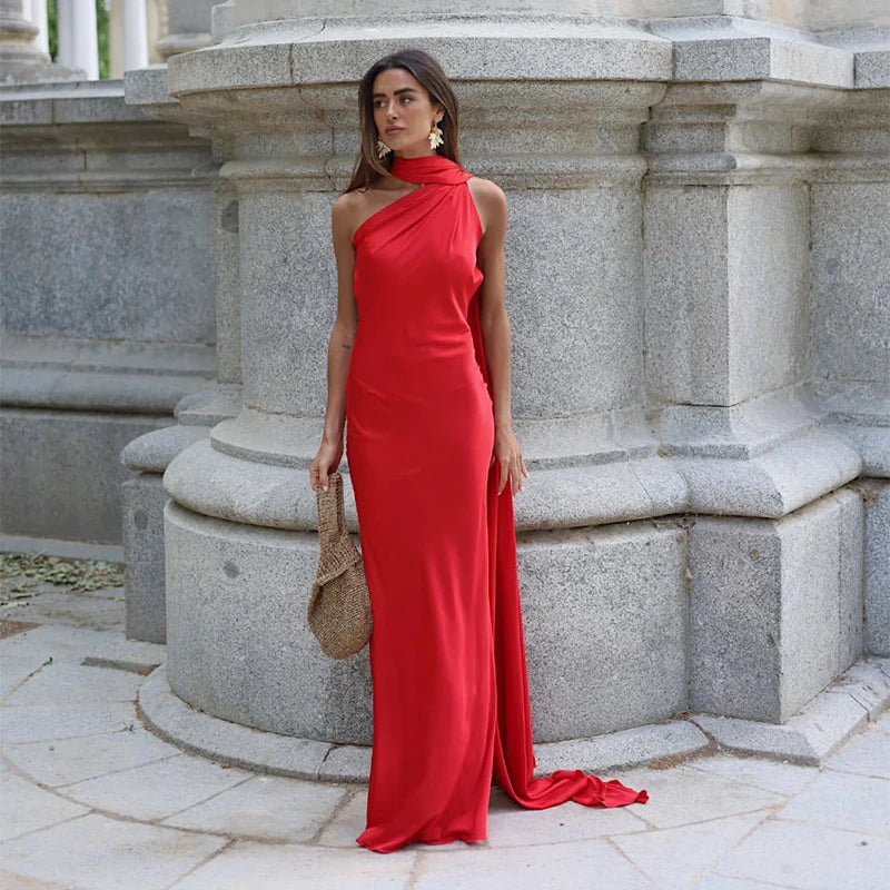 Elegant Backless Long Satin Halter Neck Dress for Women
