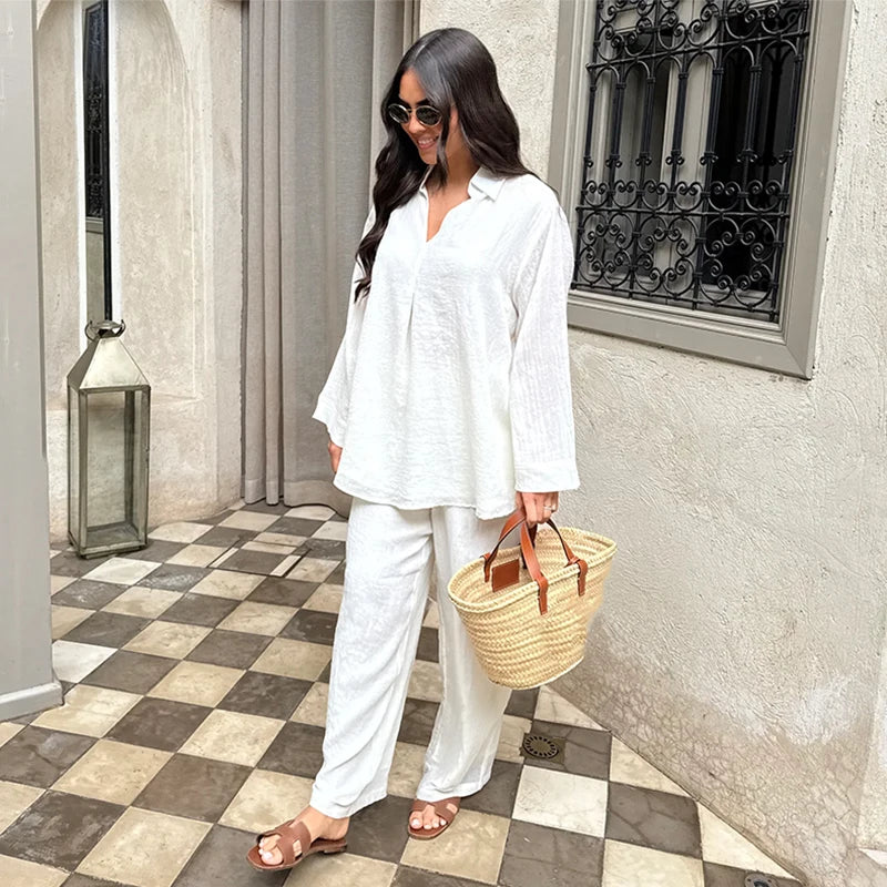 Women's 2-Piece Loose Fit Trouser and Long Sleeve Turn-Down Collar Shirt Set