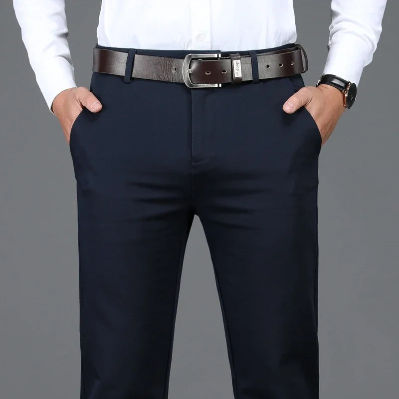 Classic Men's High-Waist Stretch Cotton Straight Trousers