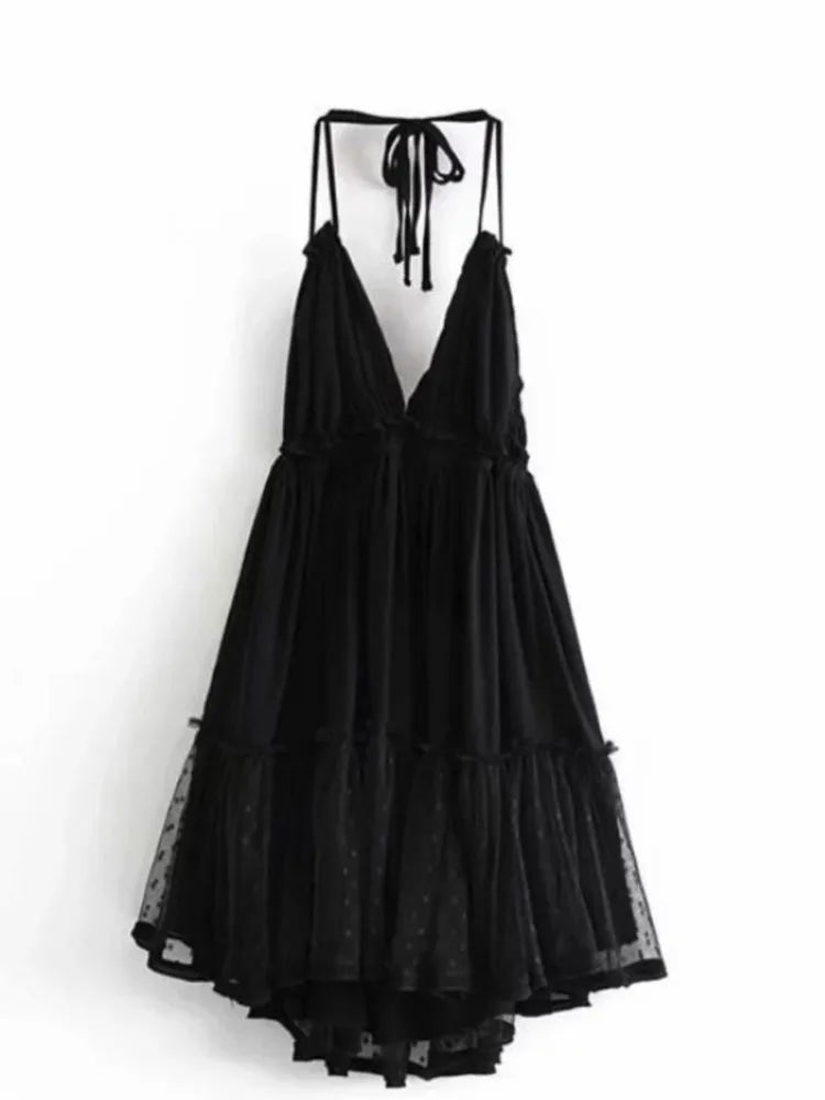 Women's Bow-Back Lacing Halter Collar Mesh Pleated Mini Dress