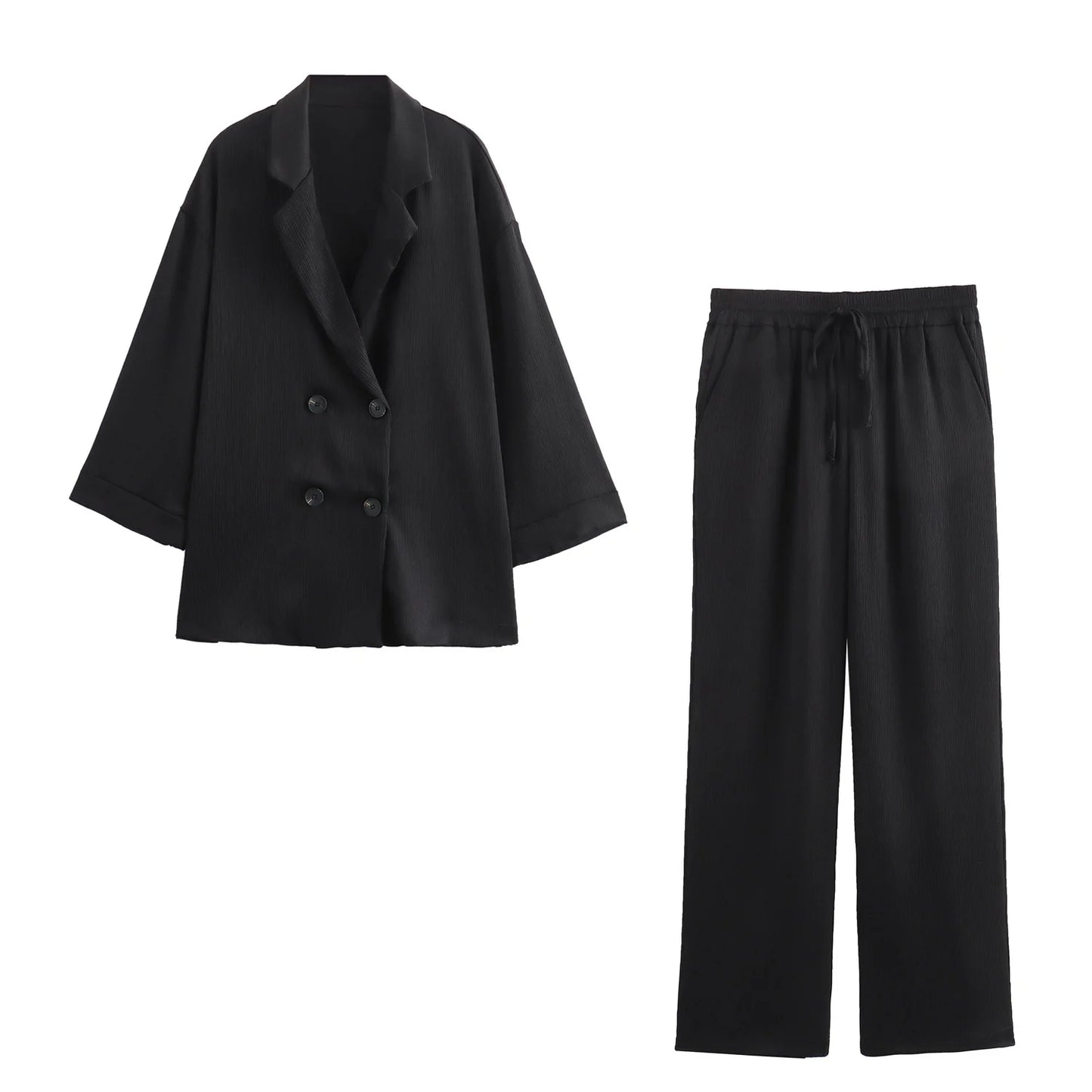 Women's 2-Piece Long Sleeve Double-Breasted Blazer + Wide Leg Trousers Set