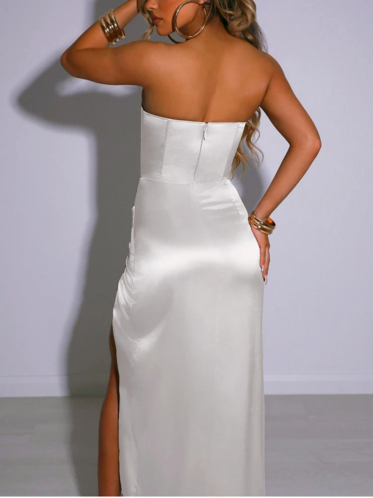 Women's Satin Backless Dress with Push-Up Bust, High-Waist Elastic Fit, Zip Split Design