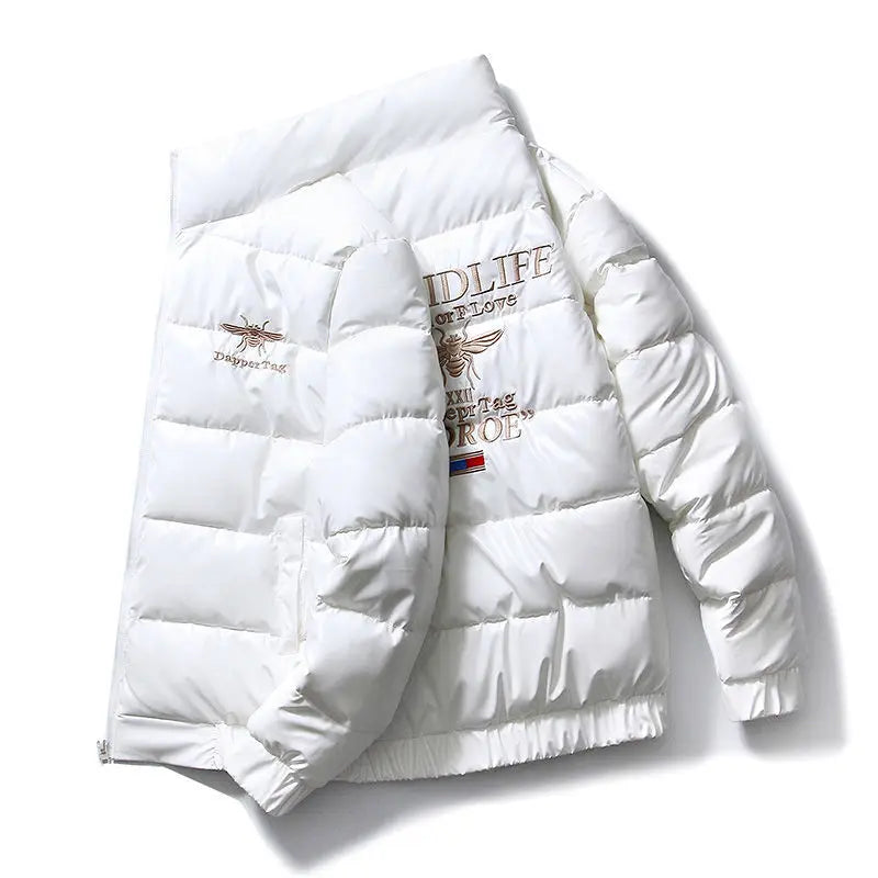 Men's Glossy Thickened Parka Jacket with Stand Collar