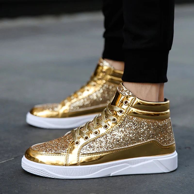 Men's High Top Sneakers - Gold, Silver & Black Color Block Design
