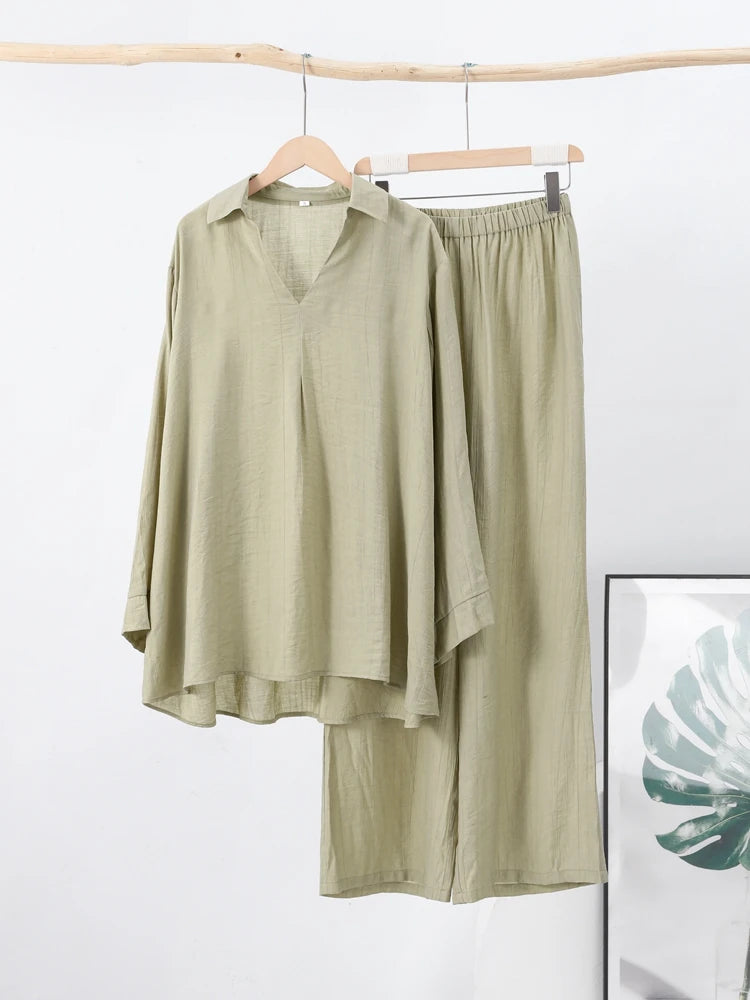 Women's 2-Piece Loose Fit Trouser and Long Sleeve Turn-Down Collar Shirt Set