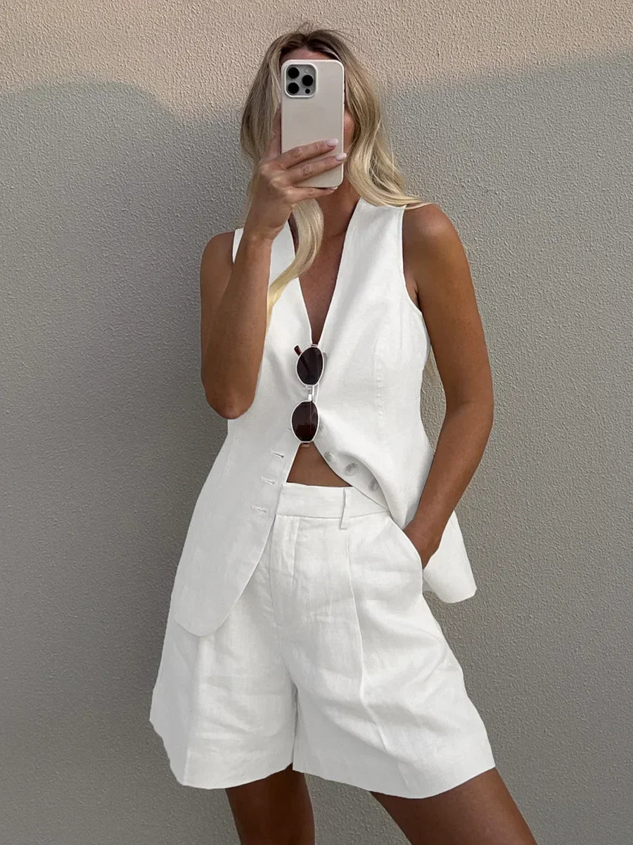 Women's Cotton Linen 2-Piece Vest and Shorts Set