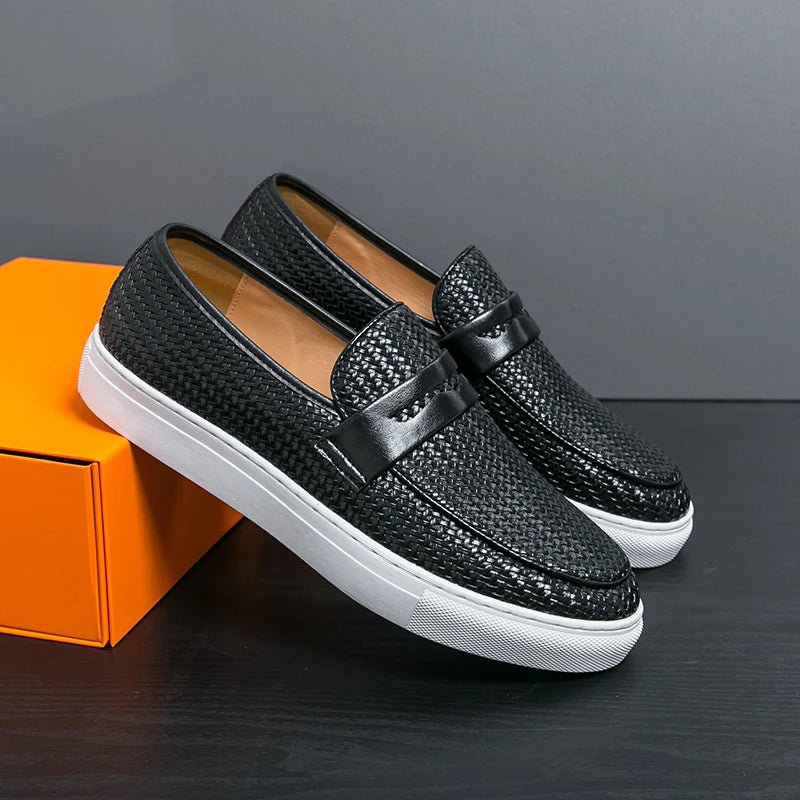 Men's Slip-On Loafers - Soft Leather Shoes with Elegant Weave Pattern