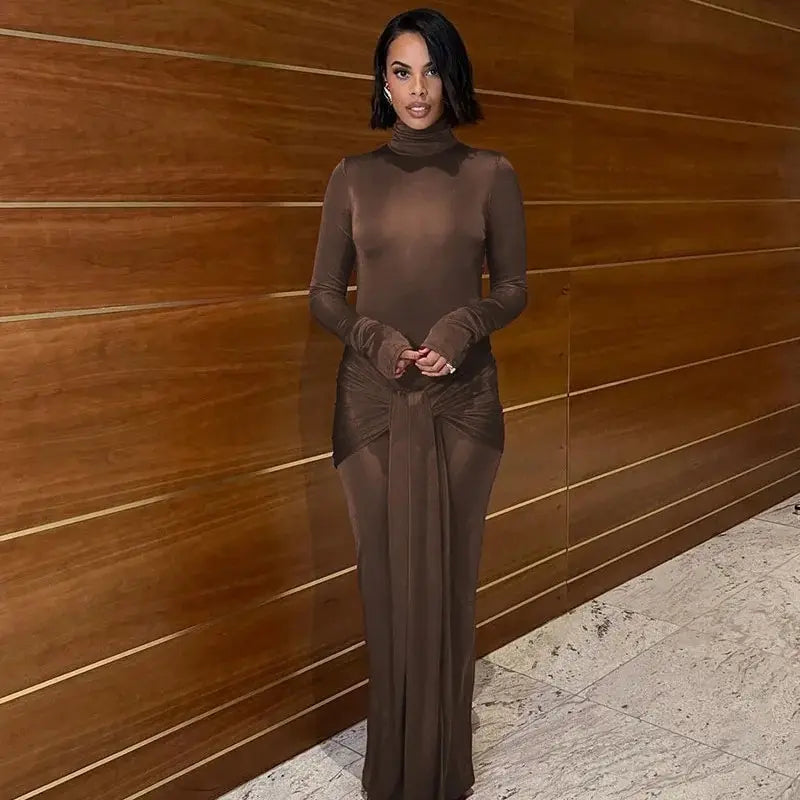 Tight-Fitting Lace-Up High Neck Long Sleeve Bodycon Dress for Women