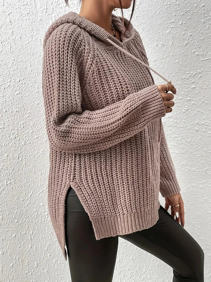 Women's Hooded Sweater with Raglan Sleeves and Split Hem Design