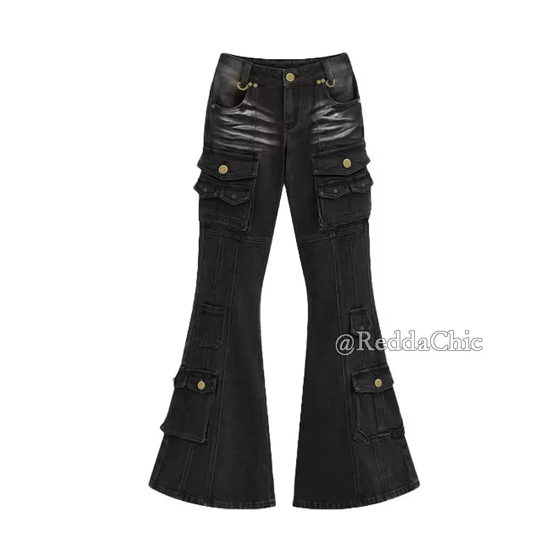 Redda Chic Women's Low Waist Cargo Jeans – Distressed, Multi-Pocket, Stretch Bootcut Denim