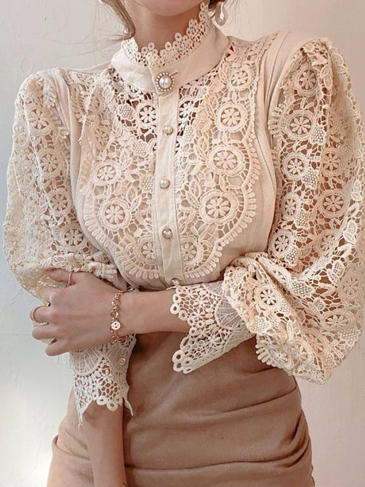 Elegant Women's Chiffon Turtleneck Blouse with Floral Lace Details