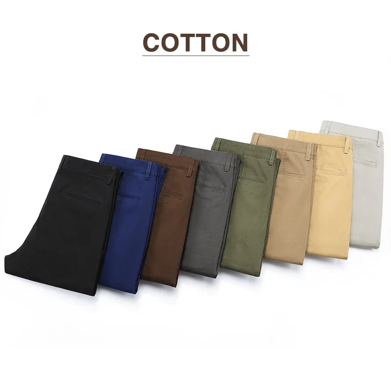 Men's Casual Slim Straight Trousers - 97% Cotton Comfortable Elastic Pants