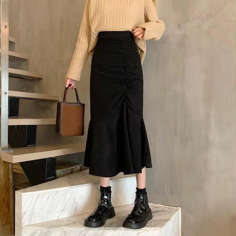 Women's Slim Fit High Waist Midi Skirt with Ruffles