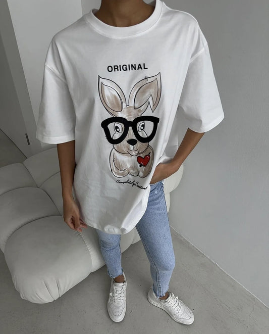 Elegant Cartoon Printed Oversized Cotton T-Shirt for Women – Casual Style by Hirsionsan"