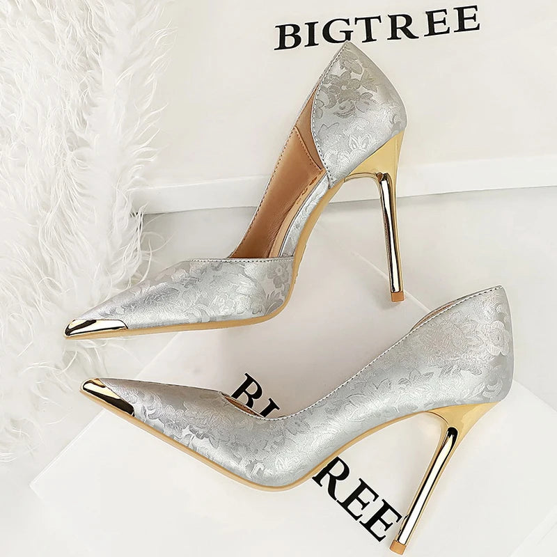 BIGTREE Women's 11cm Heels - Satin & Silk Metal Pointed Toe High Heels