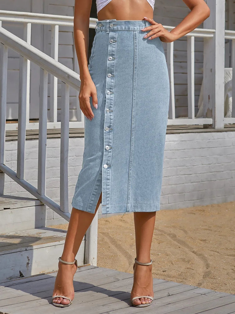 Elegant Women's Denim Skirt - High Waist Button Skirt with Side Split
