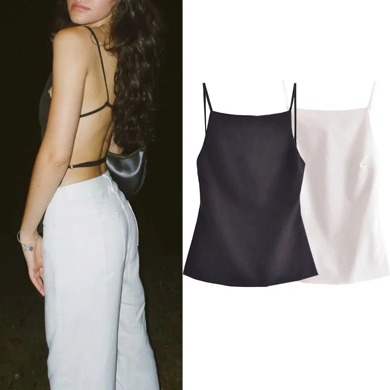 Black satin camisole with thin straps on a white background