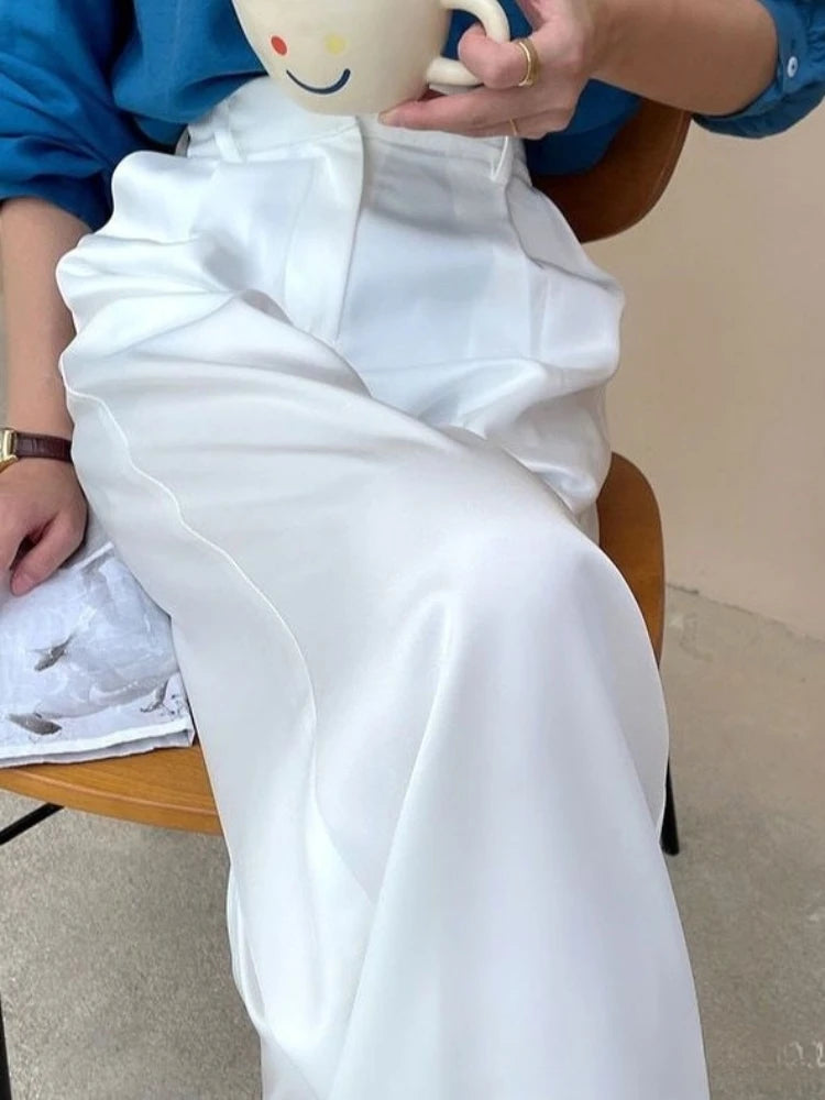 Elegant High-Waist Satin Wide-Leg Pants for Women - Chic Straight-Leg Trousers