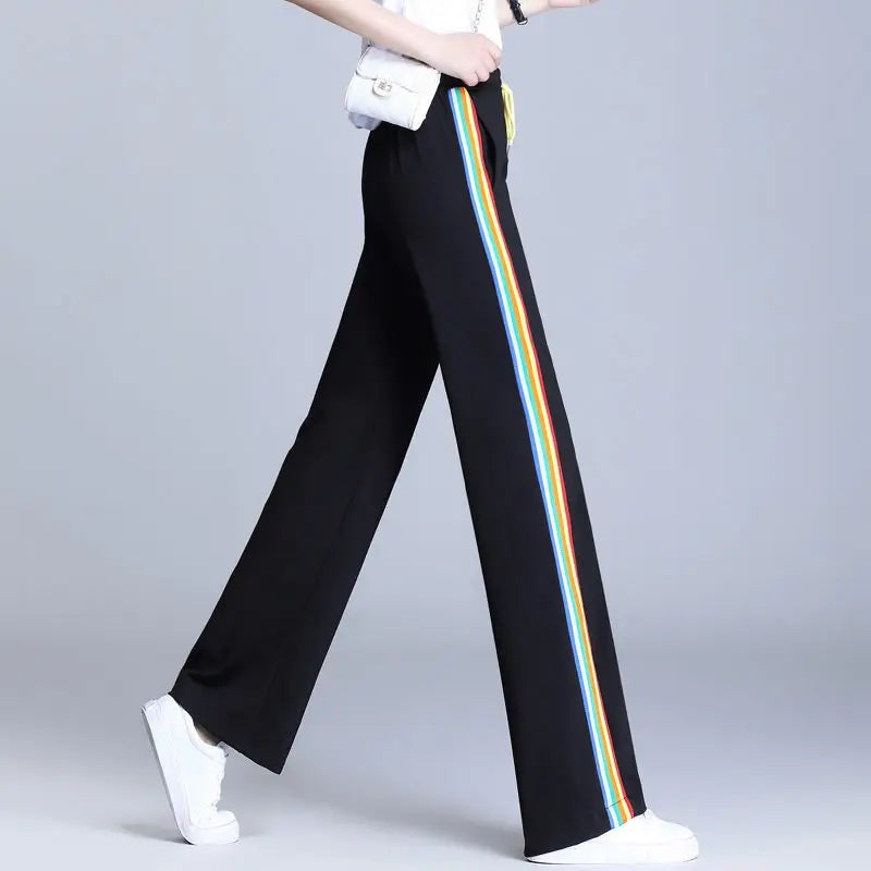 Women’s High Waist Striped Rainbow Sweatpants - Elastic Lace-Up Loose Straight Leg