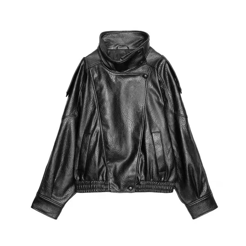Women's Stand Collar Faux Leather Jacket with Double Button Closure
