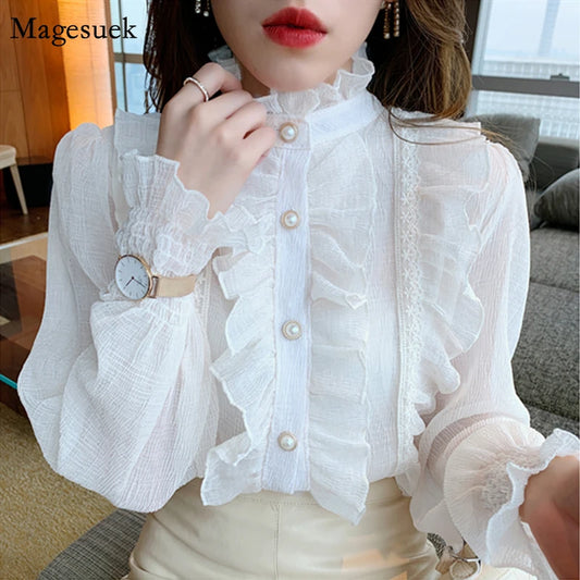 Women's Long Sleeve Loose Button-Front Elegant Stand Collar Ruffle Lace Blouse