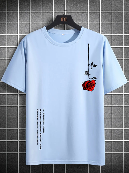 Men's Slim Fit Casual T-Shirt – 100% Cotton Rose Print Short Sleeve Round Neck Tee