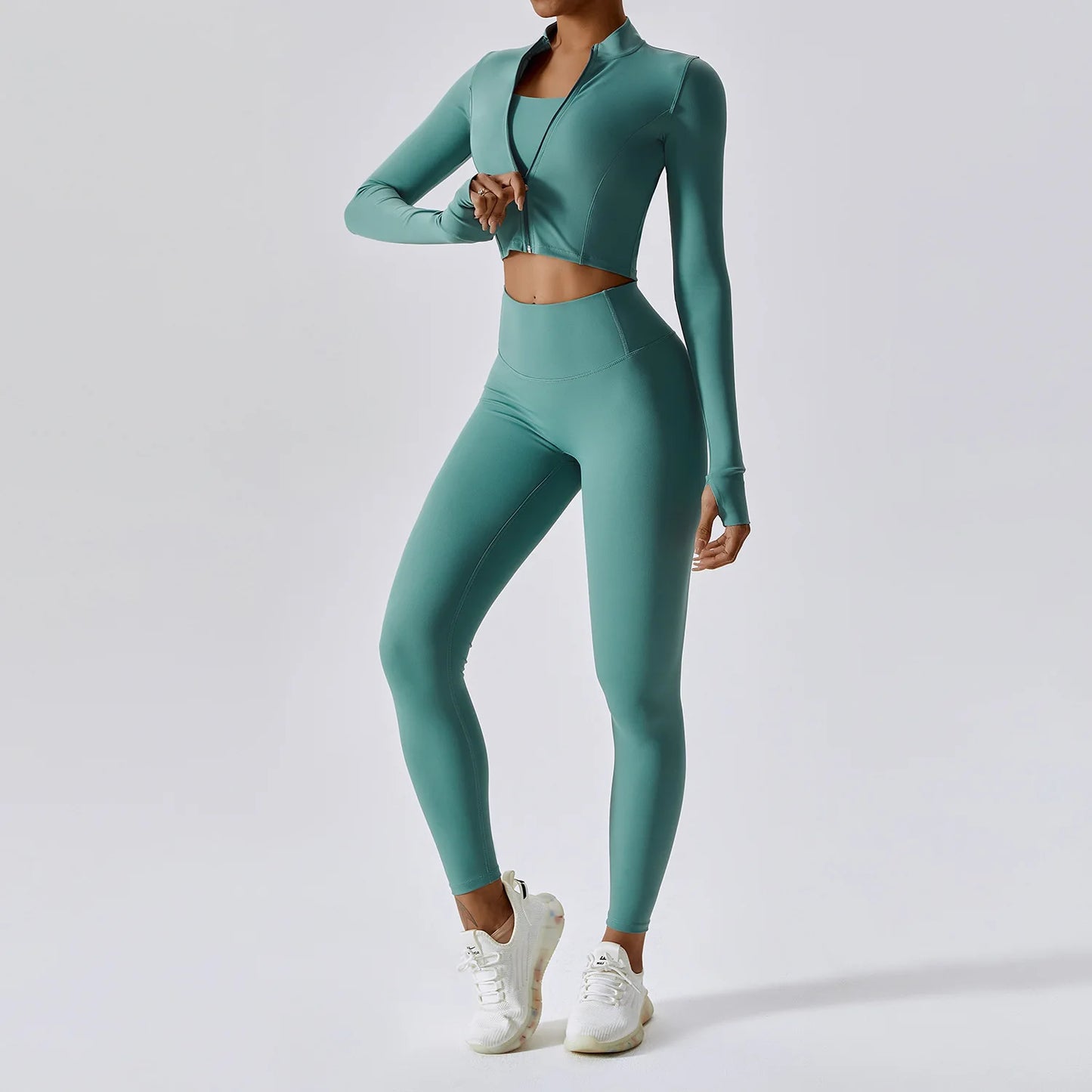 3-Piece Women's Workout Sets | Sportswear Gym Clothing with Zipper Long Sleeve Top & High-Waisted Leggings
