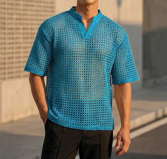 Incerun Men's Hollow Out V-Neck Short Sleeve T-Shirt - See-Through Loose Fit