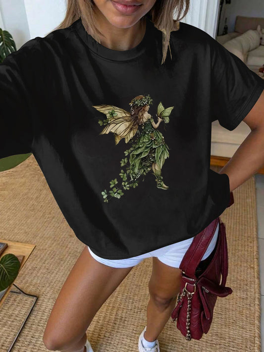 Women's Fairy Print Round Neck Short Sleeve T-Shirt