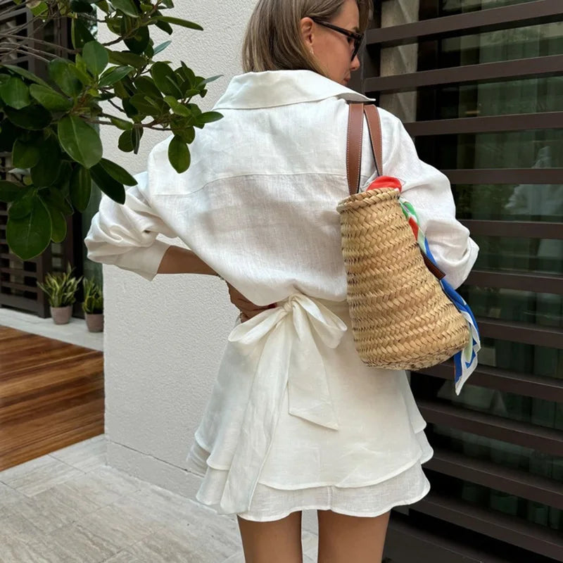 Elegant Women's Two-Piece Set – Long Sleeve Button Shirt & High-Waisted Lace-Up Mini Skirt