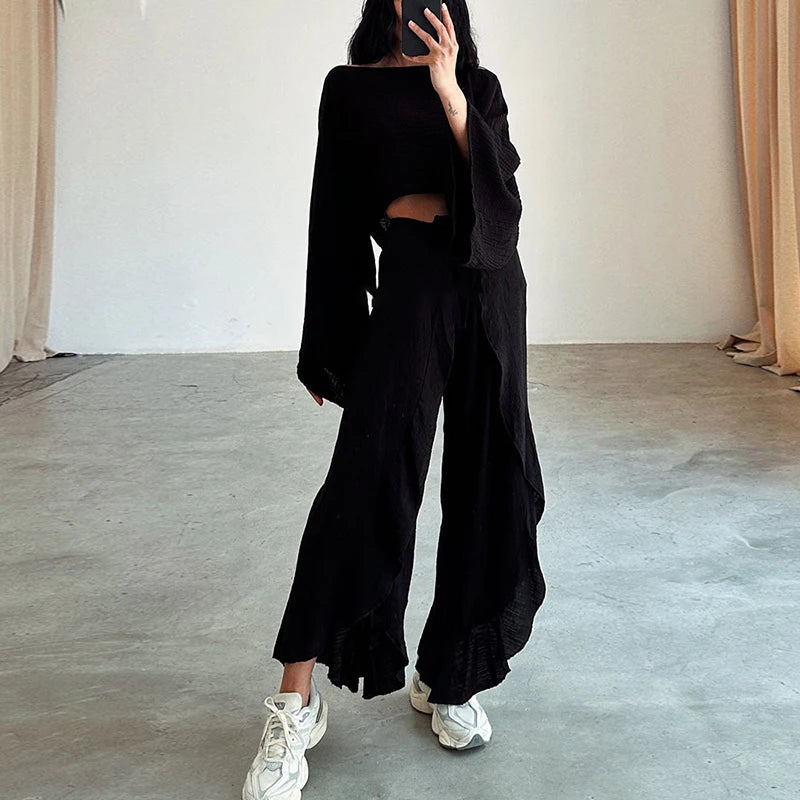 Women's Cotton Linen 2-Piece Long Sleeve Crop Top & Lace-Up Ruffle Pants Set
