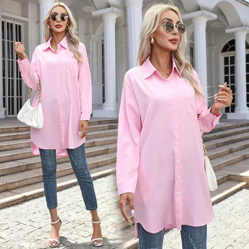 Women's Oversized Long Button-Up Shirt with Pockets - Stylish Blouses & Casual Wear