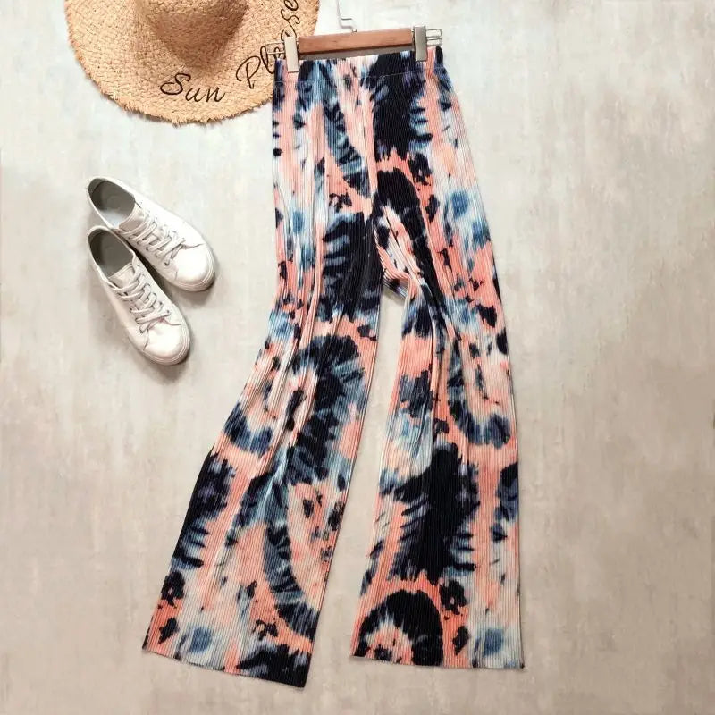 REALEFT Vintage High-Waist Printed Long Pants - Loose Wide Leg Fit- Loose Wide Leg Fit