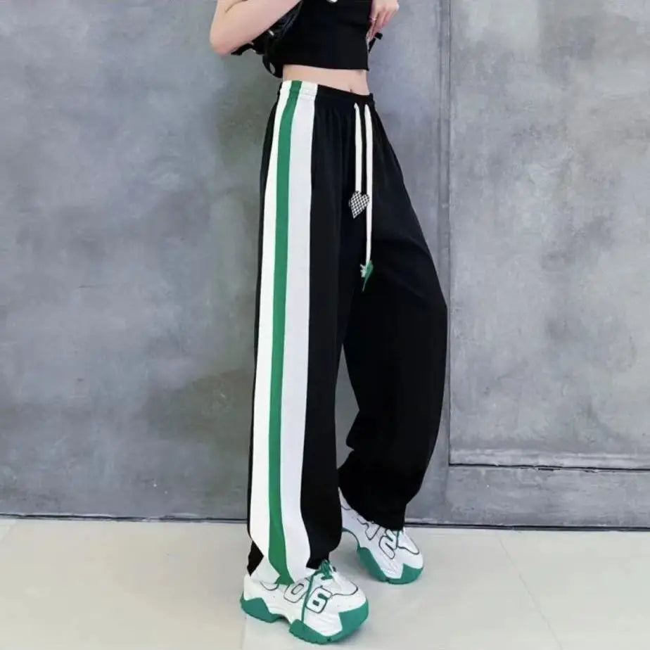 Women’s High Waist Elastic Sweatpants with Drawstring & Striped Design