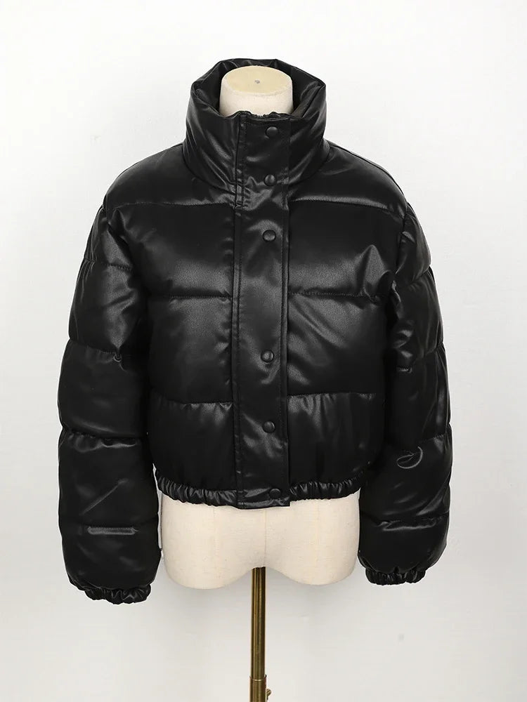 Women's Short PU Leather Parka - Cotton Padded Down Jacket