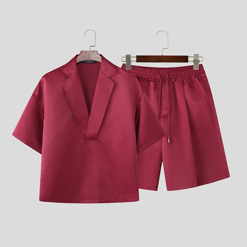 Incerun Men's Two-Piece Short Sleeve Shirt and Shorts Set