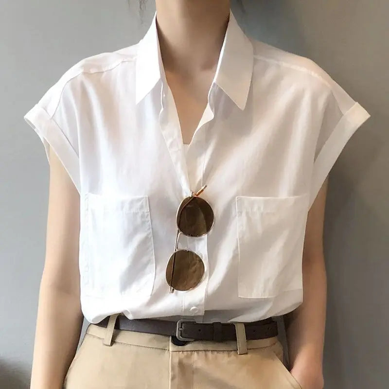 Women's Loose-Fitting Short Sleeve Shirt Blouse with Thin Style Lapel and Pocket