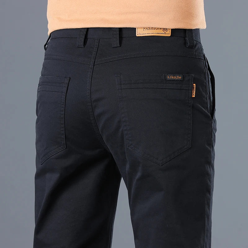 Men's Classic Slim Straight Trousers - Pure Cotton Stretch Pants