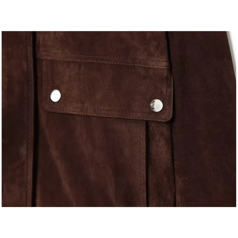 Women's Faux Suede Jacket with Pockets, High Collar, and Button Closure