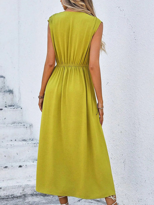 Women's Elegant Belted Midi Dress with Thin Front Straps