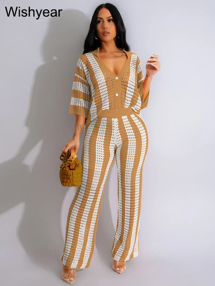 Wishyear Women's Two-Piece Striped Knit V-Neck Hollow Out Button Top & Wide Leg Pants Set
