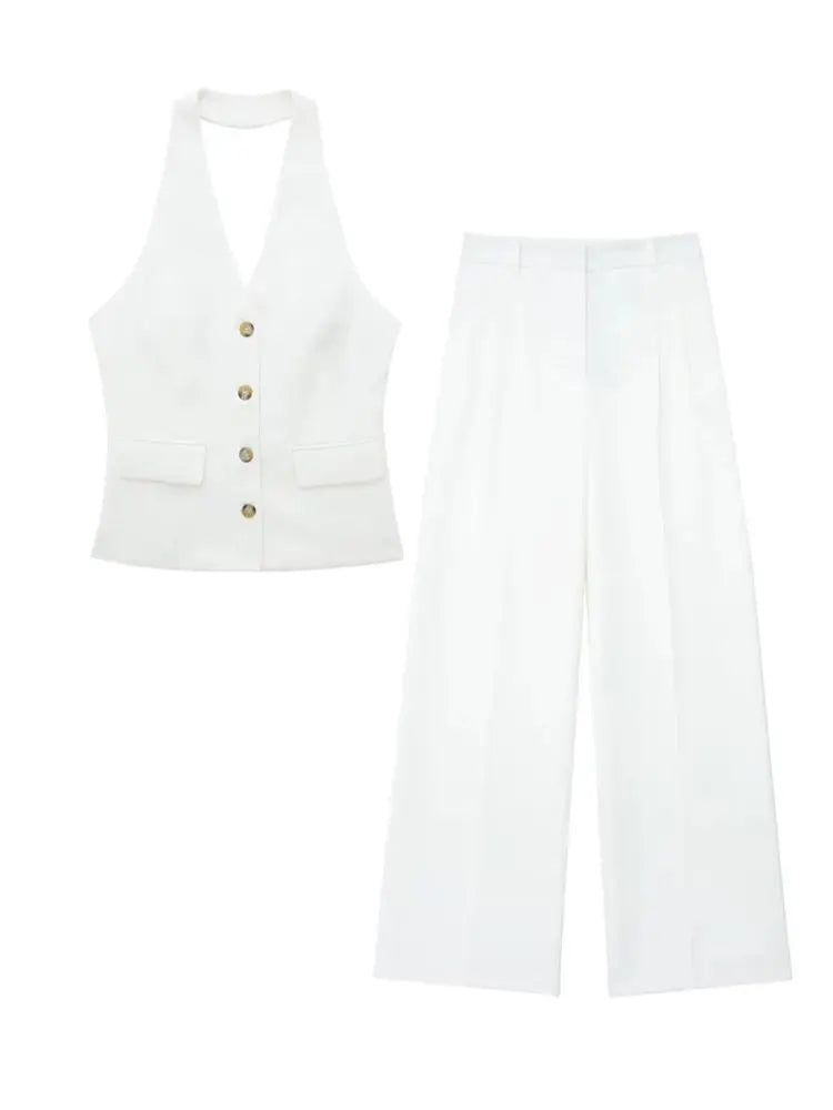 Women's Halter Neck Sleeveless Vest Top & Wide-Leg Pants 2-Piece Set