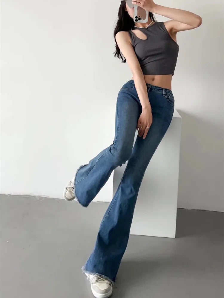 Women's Low Waist Flare Jean Pants - Vintage Stretch Denim for Women